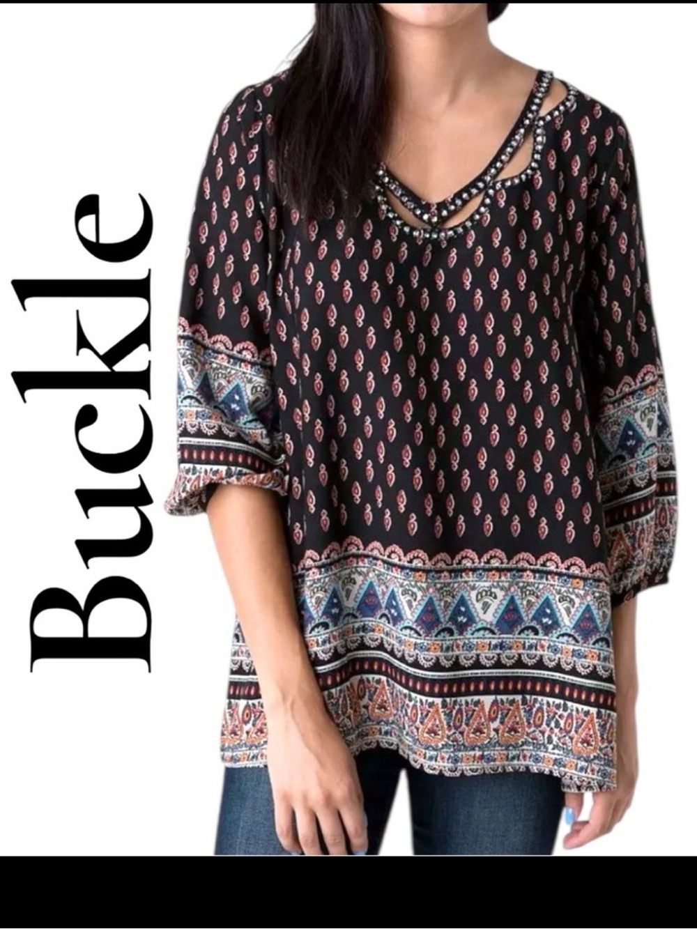 Buckle-Medium boho tunic w/rhinestones. 100% rayon, 3/4 sleeve. Gorgeous! EUC!